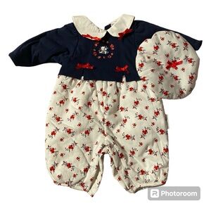 Vitamins Baby Kids Outfit One Piece Floral Jumpsuit Hat Beret Set Size 6/9 Bows